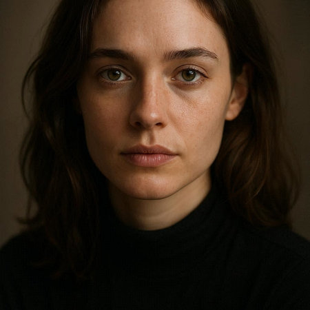 Portrait of a beautiful young woman with long brown hair in a black sweater