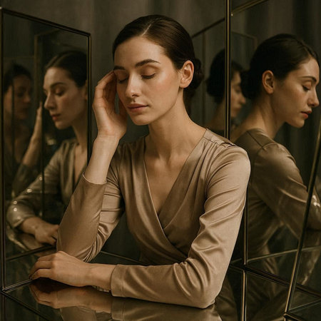 Beautiful young woman in evening dress looking at reflection in the mirror