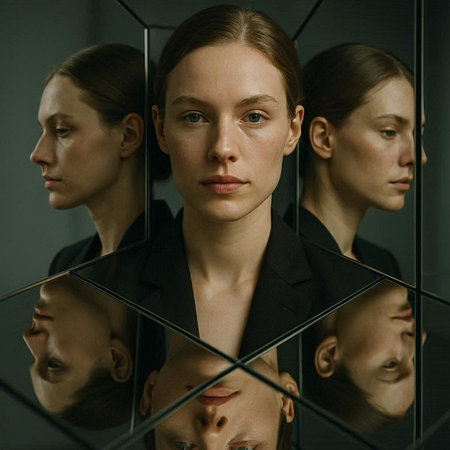 Portrait of young businesswoman looking at camera through glass in officeの写真素材