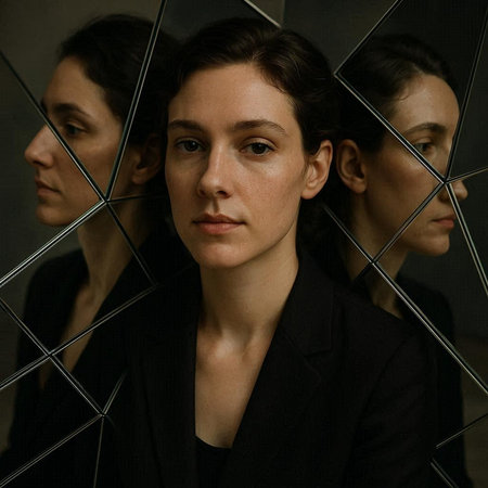 Portrait of a young woman in front of a glass wall.