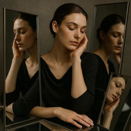 Young woman looking at reflection in mirror. Portrait of young beautiful woman looking at reflection in mirror.の写真素材