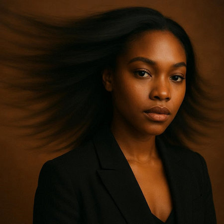 young pretty african american woman with flying hair on brown background