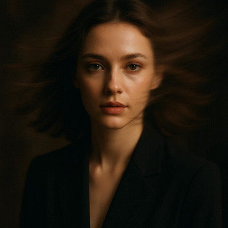 Portrait of a beautiful young woman in a black jacket on a dark backgroundの写真素材