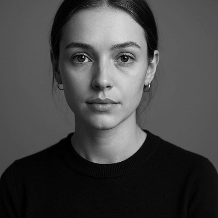 Black and white portrait of a young woman in a black sweater.