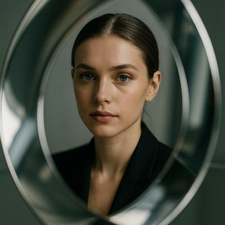Portrait of a beautiful young woman in a black suit looking in the mirrorの写真素材