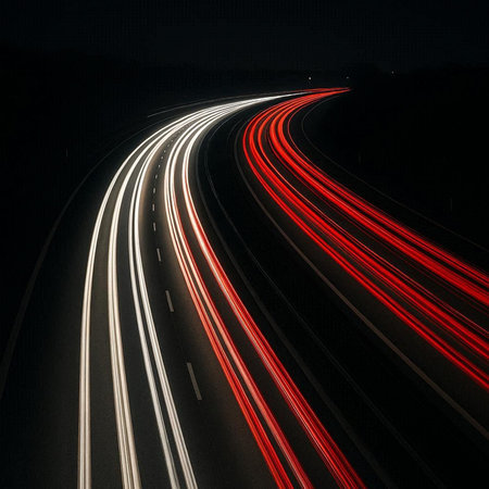lights of moving cars at night. long exposure red, blue, green