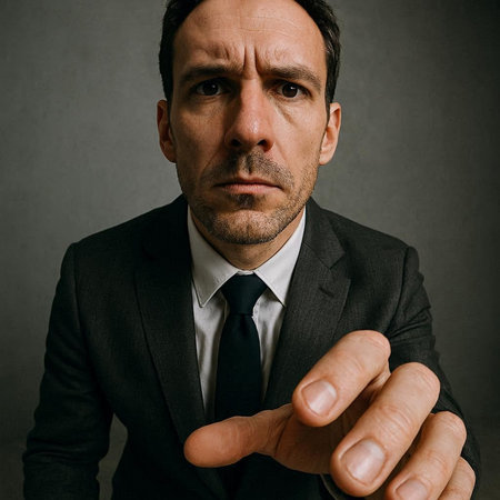 Serious mature businessman looking at camera and pointing at camera on dark background