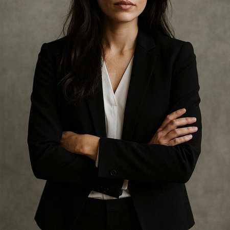 Portrait of a young businesswoman in a black suit on a gray backgroundの写真素材