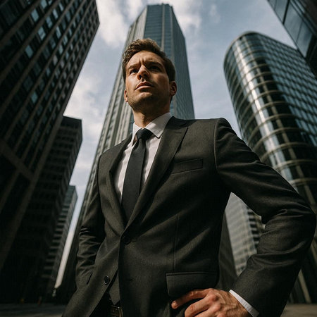 Portrait of a young handsome businessman in a business suit on the background of skyscrapers
