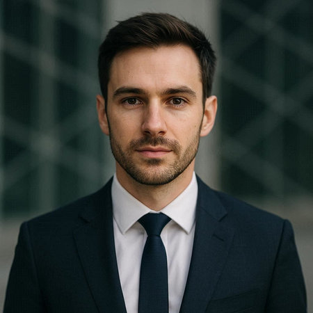 Portrait of a handsome young businessman in suit and tie standing outdoors