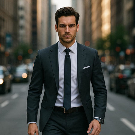 Handsome young businessman in a suit walking in the city.