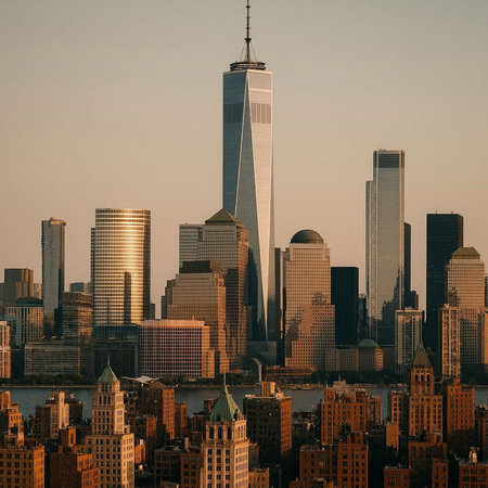 New York City Manhattan midtown skyline at sunset with skyscrapers.