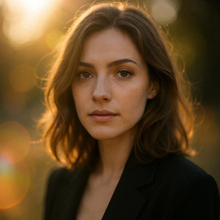 Portrait of a young beautiful brunette woman in a black suit.