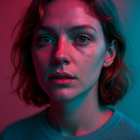 Portrait of a young man in a blue light. Studio shot.の写真素材