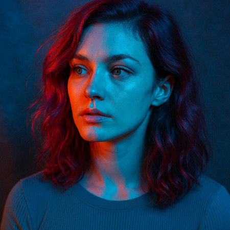Portrait of a beautiful young woman with red hair on a dark background.