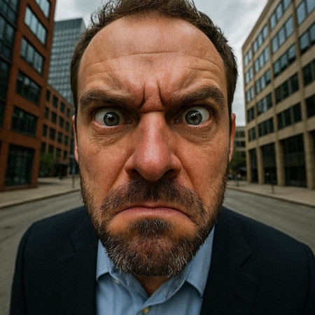 Portrait of a man with a beard and mustache on a background of a business center
