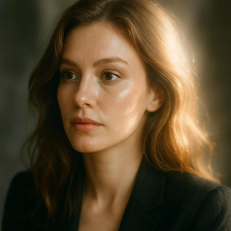 Portrait of a beautiful young woman in a black suit with red hair.