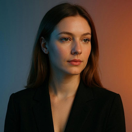 Portrait of a young woman in a black suit on a colored backgroundの写真素材