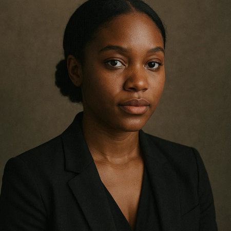 Portrait of a young African woman wearing a black suit on a dark background