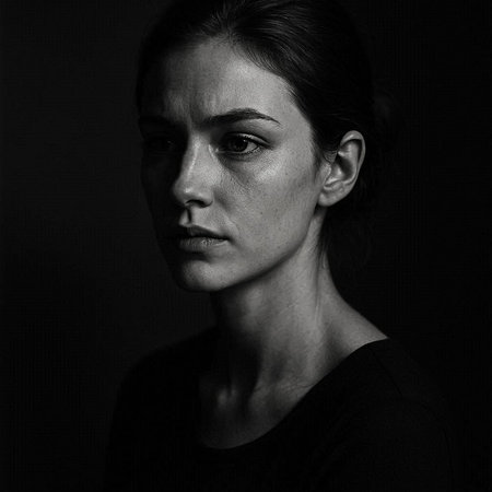 Black and white portrait of a beautiful young woman on a dark background