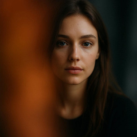 Portrait of a beautiful young woman in a black t-shirt.