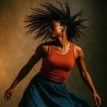 Portrait of a young african american woman dancing in studio