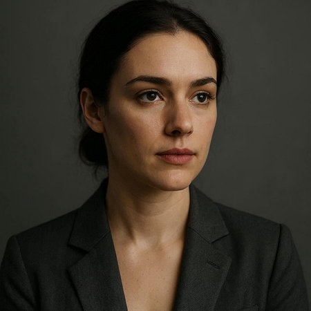 Portrait of a beautiful young woman in a business suit on a gray background