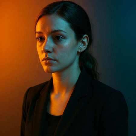 Portrait of a young beautiful woman in a black jacket posing on a dark background.
