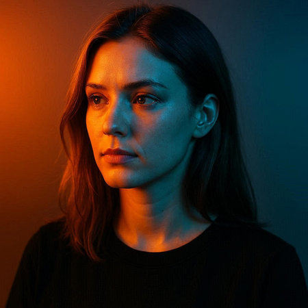 Portrait of a young woman in a dark room with neon light