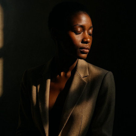 Beautiful african american woman in beige coat on dark background