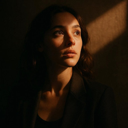 Portrait of a beautiful brunette woman in a black coat on a dark background