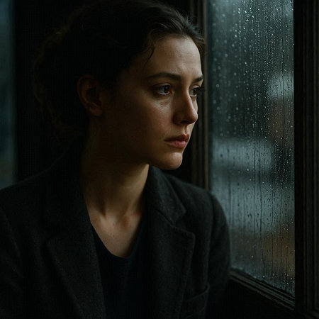 Portrait of a beautiful young woman in a coat looking out the window