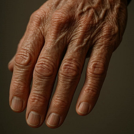 Close up of an elderly woman's hand with wrinkled skin.