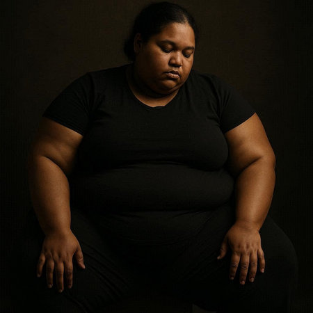 Plus size fat woman in black clothes sitting on a dark background.の写真素材