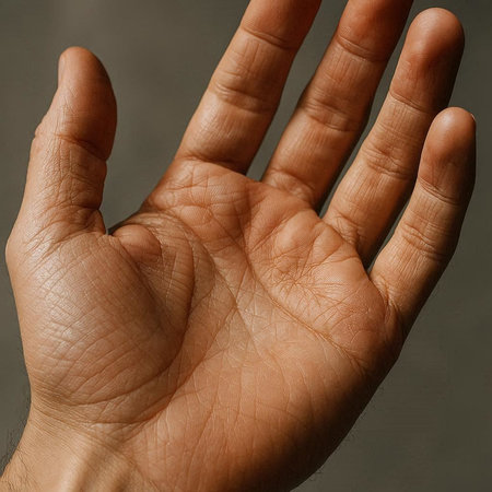 Man hand showing five fingers on a gray background. Close up.