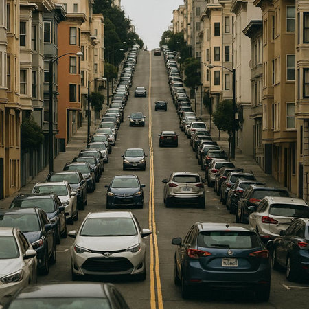 Cars parked in a row on a street in San Francisco.