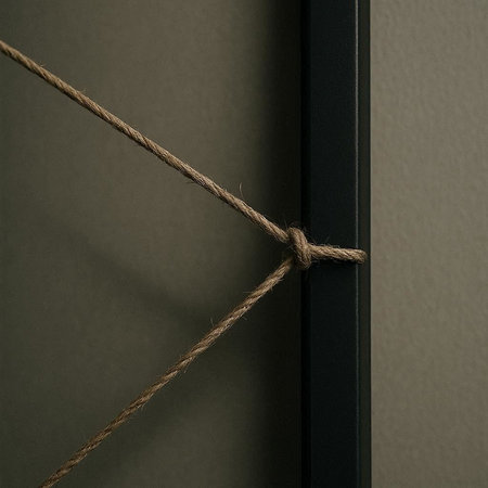 A vertical shot of a rope tied to a door with black background