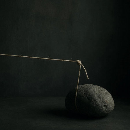 Stone with rope on black background. 3d illustration. Copy space.の写真素材