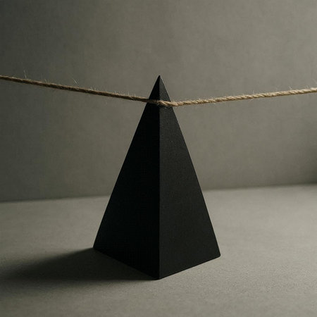 Black pyramid hanging on a rope on a gray background. Copy space.