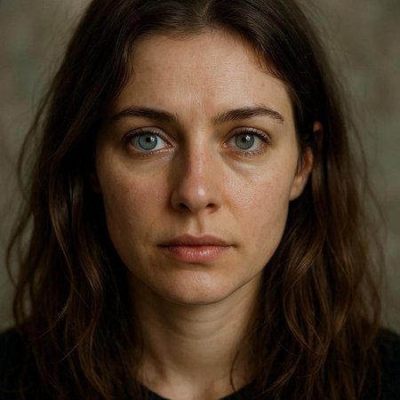 Portrait of a young woman with brown hair and blue eyes.