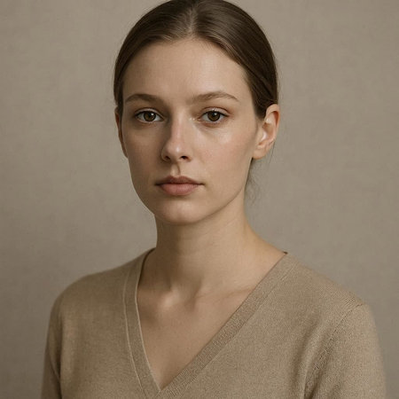 Portrait of a young beautiful woman in a beige sweater.の写真素材