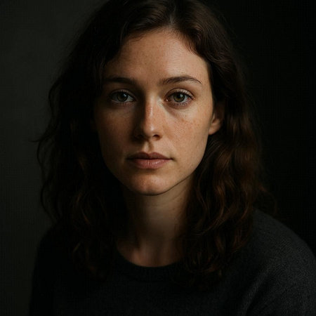 Portrait of a young woman with freckles on her face