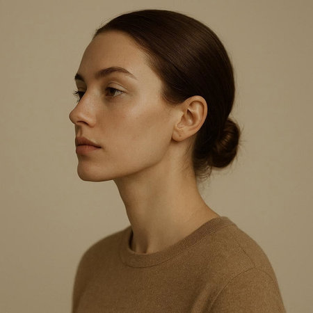 Portrait of a beautiful young woman in a brown sweater on a gray background