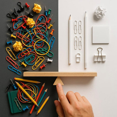 Top view of male hands holding pencil and stationery on black and white background