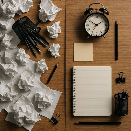 Top view of office desk with crumpled paper, alarm clock and stationery on wooden background