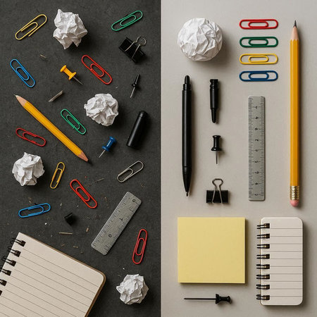 Top view of various office supplies on black and white background. Flat lay