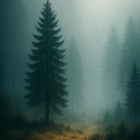 Foggy morning in a coniferous forest. Toned.