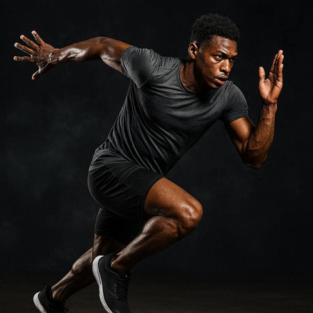 Young african american male runner, studio shot on black background