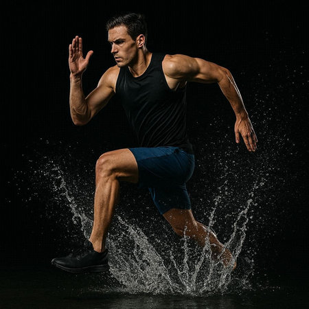 one caucasian man runner jogger jumping in water studio black background