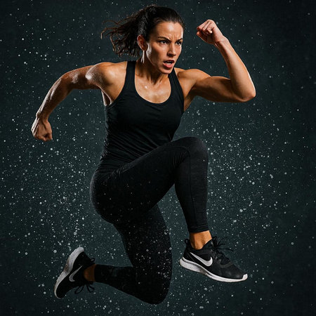 Young beautiful fitness woman running under rain drops on a black background.